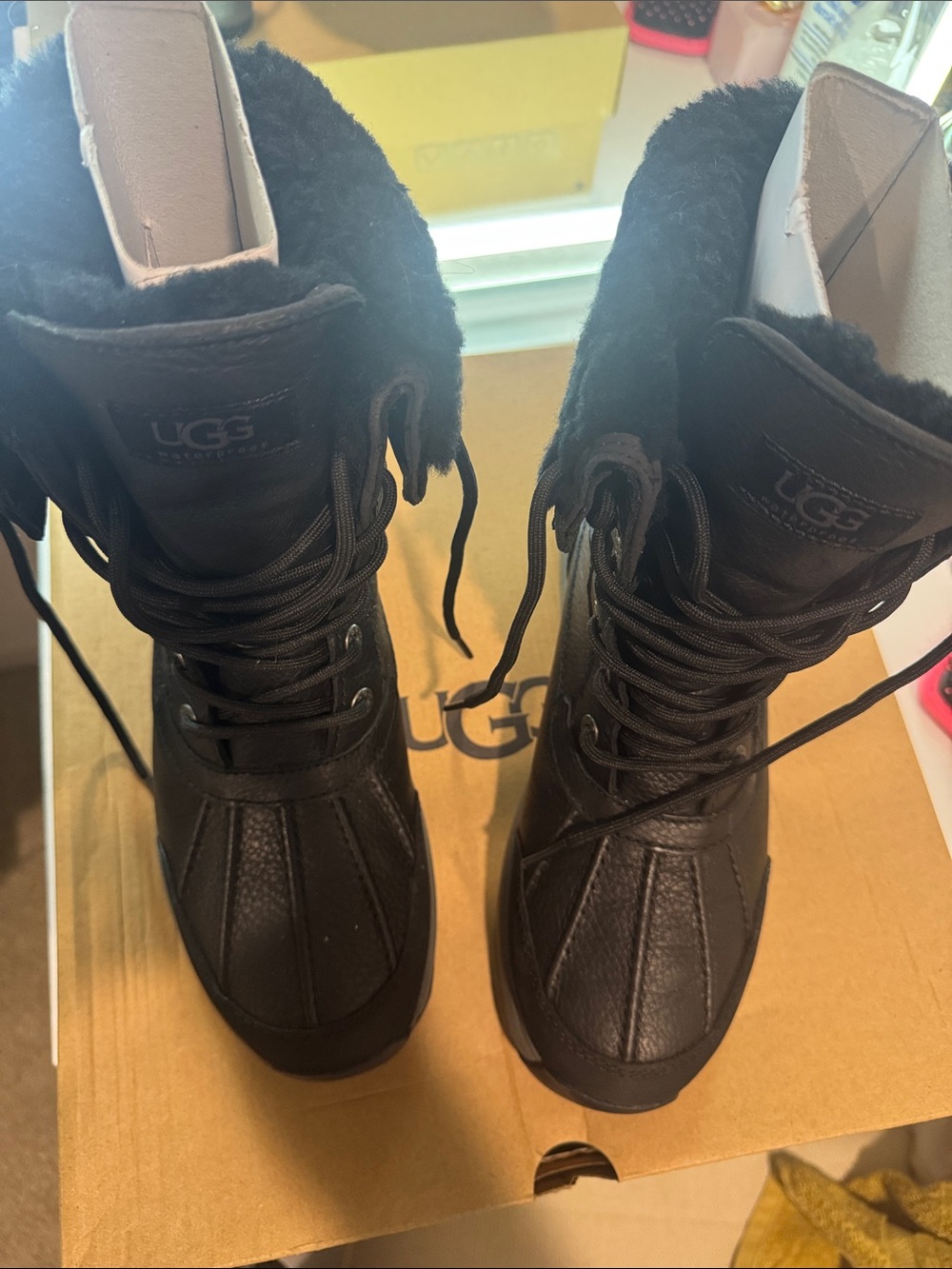 UGG Women's Black Lace-Up Shearling-Trim Winter Boots